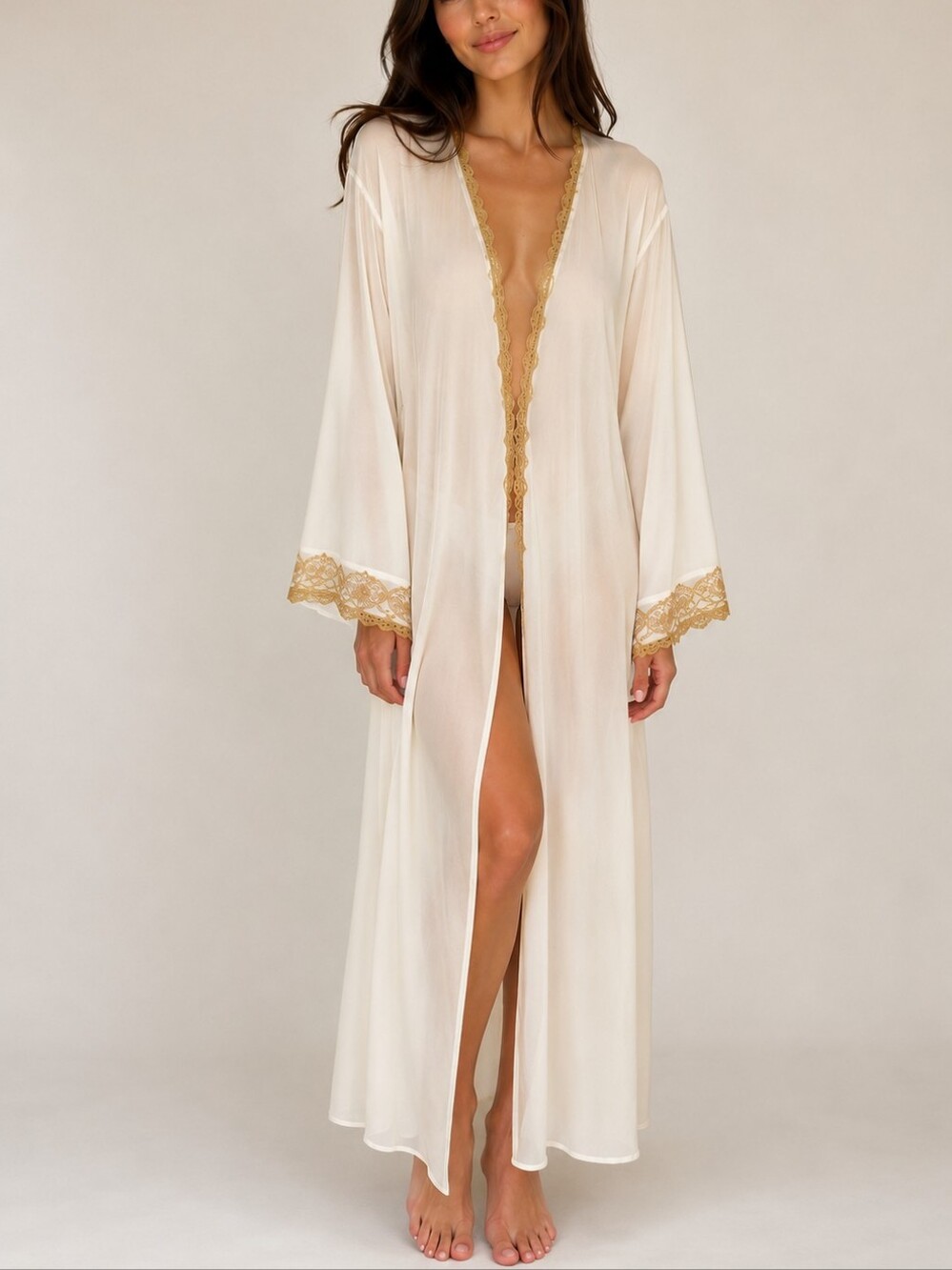 Vintage Victoria's Secret Sheer Ivory Gold Embroidered Maxi Robe Y2K M/L Peignoi